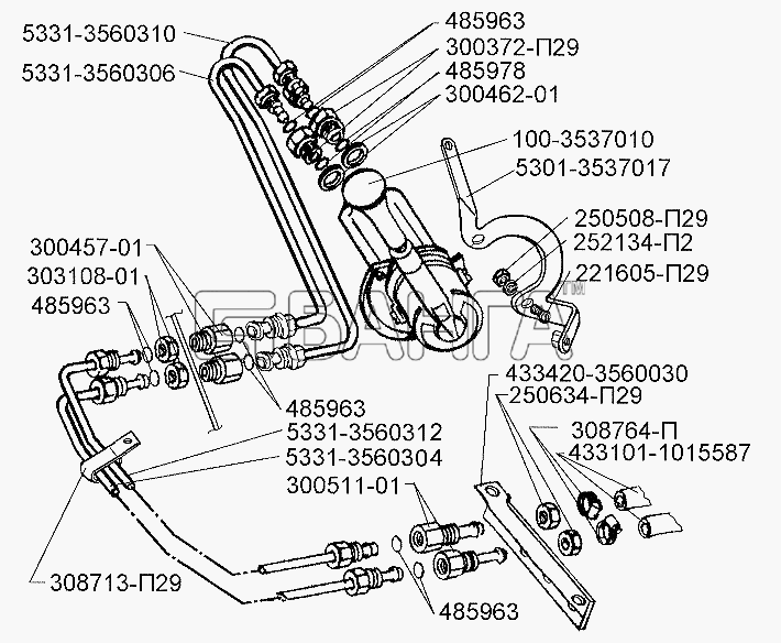 ЗИЛ ЗИЛ-5301 (2006) Схема Установка тормозной пневмоаппаратуры в
